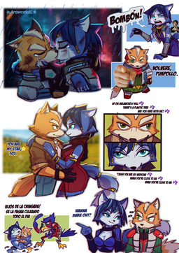 5_fingers anthro anthro_on_anthro black_nose blue_body blue_feathers blue_fur blue_hair bodily_fluids breasts clothed clothed_anthro clothed_female clothed_male clothing crying feathers female fingerless_gloves fingers fur gloves group hair handwear jacket kissing male male/female multicolored_body multicolored_fur nude nude_anthro nude_female nude_male orange_body orange_fur raining tail tears text topwear two_tone_body two_tone_fur white_body white_fur arsworlds nintendo star_fox falco_lombardi fox_mccloud krystal_(star_fox) shigeru_miyamoto avian bird canid canine fox human mammal english_text hi_res spanish_text