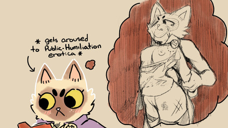 ambiguous_gender anthro areola arm_grab bite_mark blush blush_lines bodily_fluids book breasts brown_markings bruised caption clasp clenched_teeth cloak clothing daydream dipstick_ears directional_arrow disembodied_hand dripping duo ear_markings exposed eyelashes facial_markings fantasizing female female/ambiguous forced forced_exposure freckles fur genital_fluids genitals hands_behind_back head_markings humiliation humiliation_fetish imagination markings mask_(marking) multicolored_ears nipples one_eye_closed pink_inner_ear pink_nose pointy_ears prick_ears purple_cloak purple_clothing reading reading_book restrained scratches tan_body tan_fur teeth text thought_bubble torn_clothing vaginal_fluid_drip vaginal_fluids vulva welling_tears yellow_sclera holemann root_(game) marquis_de_cat_(root) domestic_cat felid feline felis mammal 16:9 english_text hi_res picture_in_picture widescreen