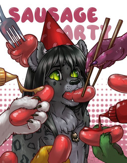 ambiguous_gender anthro clothing cutlery eating fluffingeheimen food fork group hat headgear headwear humor ketchup kitchen_utensils meat mustard nude party party_hat sausage solo tools goatm felid leopard mammal pantherine snow_leopard hi_res