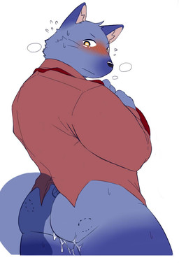 after_sex anthro bite_mark blush bodily_fluids bottomless butt clothed clothing cum cum_on_butt genital_fluids leaking leaking_cum looking_at_viewer male muscular muscular_anthro muscular_male solo sweat bighornsheep_(artist) canid canine mammal