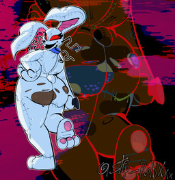 3_toes anthro big_butt blue_collar bodily_fluids bow_ribbon breasts brown_body brown_skin bunny_costume butt clothing collar costume dark_body dark_skin detailed_background fake_ears fake_rabbit_ears fake_whiskers feet female knife looking_at_viewer looking_back markings pawpads paws presenting presenting_hindquarters red_eyes ribbon_collar scut_tail short_tail solo stitch_(sewing) sweat sweatdrop sweaty_butt tail thick_thighs toes torn_clothing wide_hips zipper stfp_rabxxx five_nights_at_freddy's five_nights_at_frickbear's_(series) five_nights_at_frickbear's_3 scottgames vannabelle_dewlap vanny_(fnaf) human mammal 2026 hi_res
