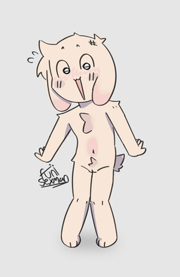 ambiguous_gender anthro blush bodily_fluids countershading embarrassed flying_sweatdrops fur genitals looking_at_viewer navel paws pigeon_toed pink_body pink_fur short_fur simple_background solo surprised sweat sweatdrop vulva funisexman crayon_(crayonpink1017) ambiguous_species 2026 hi_res signature
