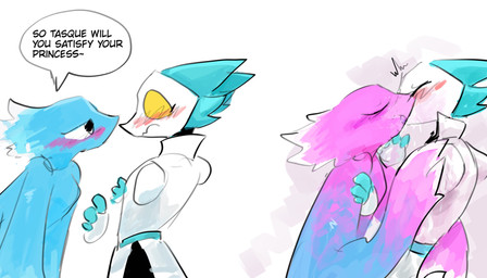 anthro anthro_on_anthro biped blue_body blue_fur blush dialogue duo female female/female floating_hands french_kissing fur interspecies kissing simple_background speech_bubble text water white_background white_body yellow_eyes murace4 deltarune undertale_(series) miss_mizzle tasque_manager darkner elemental_creature mizzle_(deltarune) robot_anthro water_creature 2025 digital_media_(artwork) english_text hi_res