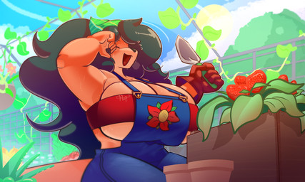 anthro bandeau big_breasts bodily_fluids breasts clay_pot clothing female flower fluffy fluffy_hair food fruit greenhouse hair huge_breasts kerchief long_hair open_mouth overalls plant smile solo strawberry sunny sweat topwear trowel vines vivarium window wiping_brow shoolmail delilah_(jund_wabbit) macropod mammal marsupial 5:3 absurd_res hi_res