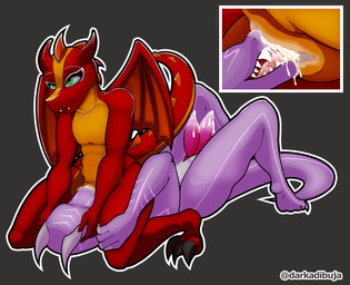 2_penises anthro bodily_fluids cum cunnilingus duo female genital_fluids genitals green_eyes male male/female multi_genitalia multi_penis non-mammal_vulva oral penis purple_body red_body sex text vaginal vaginal_fluids vulva darkadibuja mythology dragon mythological_creature mythological_scalie scalie artist_name hi_res