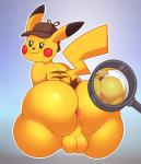 2019 acstlu anus backsack balls big_butt butt clothing detective_pikachu generation_1_pokemon genitals hat headgear headwear hi_res huge_butt looking_at_viewer looking_back magnifying_glass male nintendo pikachu pokemon pokemon_(species) pokemon_detective_pikachu rear_view solo thick_thighs
