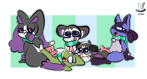 3_toes after_sex alternate_color ambiguous_gender anthro bodily_fluids cum erection eyewear feet femboy foot_fetish foot_play footjob genital_fluids genitals group group_sex male male/ambiguous male/male open_mouth orgy penile penis sex simple_background toes tongue thefablednekos nintendo pokemon dewgack emolgack fan_character gackpunny larvigack lucarigack canid canine dewott emolga generation_2_pokemon generation_4_pokemon generation_5_pokemon lagomorph larvitar lopunny lucario mammal mustelid pokemon_(species) rodent scalie sciurid 2016 dated digital_media_(artwork) hi_res