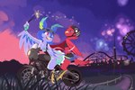 3_toes 4_fingers amusement_ride anthro beak blue_hair bottomwear building clothed clothing detailed_background dirt duo eyewear eyewear_on_head feathers feet female fence ferris_wheel fingers fireworks fur goggles goggles_on_head grass hair half-closed_eyes lights looking_at_another motorcycle motorcycle_helmet narrowed_eyes night open_mouth plant red_body red_eyes red_fur roller_coaster shirt shorts skirt sparkler tank_top toes tongue topwear vehicle white_body white_fur hydrabb perico avian bird 2020 3:2 hi_res