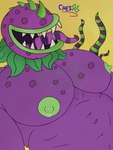 alternate_species big_nipples bodily_fluids body_hair chest_hair eyeless green_nipples green_stripes head_spikes humanoidized male musclegut muscular muscular_male nipples not_furry open_mouth open_smile pecs plant purple_body purple_stripes saliva sharp_teeth simple_background smile solo spikes spikes_(anatomy) striped_tentacles striped_tongue stripes teeth tentacles tongue tongue_out yellow_background ches96 electronic_arts plants_vs._zombies popcap_games chomper_(pvz) elemental_creature elemental_humanoid flora_fauna humanoid plant_humanoid 2022 3:4