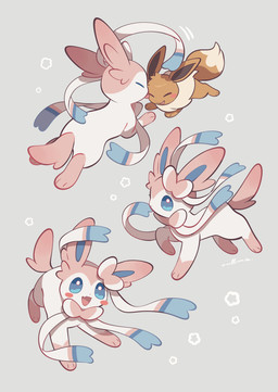 ambiguous_feral ambiguous_gender blue_eyes blush bow_(anatomy) brown_body brown_fur cute_fangs duo eyes_closed fangs feral fluffy fluffy_tail fur gloves_(marking) happy leg_markings licking markings multicolored_body multicolored_fur open_mouth pink_body pink_fur playful quadruped ribbons_(anatomy) simple_background socks_(marking) tail teeth tongue two_tone_body two_tone_fur white_body white_fur nullma nintendo pokemon eevee eeveelution generation_1_pokemon generation_6_pokemon pokemon_(species) sylveon hi_res