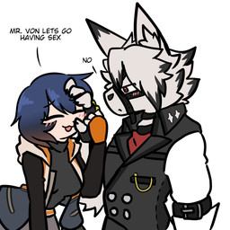 4_fingers anthro blep blush breasts claws clothed clothing dialogue duo eyes_closed female female_on_anthro finger_claws fingers hand_on_face human_on_anthro inner_ear_fluff interspecies male male/female male_anthro male_on_human red_eyes shirt standing text tongue tongue_out topwear tuft vest kangwolf mihoyo zenless_zone_zero belle_(zenless_zone_zero) von_lycaon canid canine canis human mammal thiren wolf 1:1 colored english_text hi_res