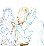 beard belt bottomwear clothed clothing ear_piercing facial_hair facial_horn fangs group horn hug male male/male muscular nose_horn pants piercing scar smile teeth topless trio rkro0077 bandai_namco digimon digimon_(species) exveemon leomon weregarurumon 2014