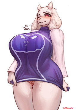anthro big_breasts blush bodily_fluids bottomless breasts clothed clothing curvy_figure eyebrows female female_anthro fingers genital_fluids genitals horn huge_breasts no_underwear one_eye_closed red_eyes shirt shirt_only simple_background solo standing topwear topwear_only vaginal_fluids voluptuous vulva white_background wide_hipped_female wide_hips seraziel undertale undertale_(series) toriel bovid caprine mammal digital_media_(artwork) hi_res