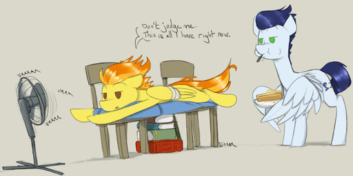 bandage book broken_wing chair dessert dialogue duo eating electric_fan female feral flying food furniture male pastry pie plate text wings sinrar friendship_is_magic hasbro my_little_pony mythology soarin_(mlp) spitfire_(mlp) wonderbolts_(mlp) equid equine mammal mythological_creature mythological_equine pegasus english_text hi_res