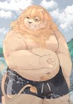 anthro belly bulge clothing eyewear humanoid_hands kemono male monocle moobs navel nipples outside overweight overweight_anthro overweight_male pubes solo swimwear water l4zily felid lion mammal pantherine 2021 absurd_res hi_res