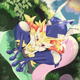 3_fingers 3_toes ambiguous_gender anthro arm_tuft black_body black_fur blush cheek_tuft chest_tuft duo dutch_angle facial_tuft feet fingers fur looking_away on_lap orange_body orange_fur orange_nose outside semi-anthro shoulder_tuft sitting sitting_on_lap toes tongue tuft white_body white_fur yellow_body kerutu nintendo pokemon amphibian braixen canid canine fox frog generation_6_pokemon greninja mammal pokemon_(species) 2020 hi_res signature