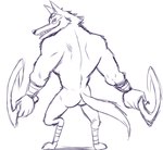 anthro bandage blade butt male muscular muscular_male open_mouth shadow sharp_teeth sickle simple_background smile solo teeth teeth_showing weapon white_background thegreatmatsutzu dreamworks puss_in_boots_(franchise) death_(puss_in_boots) canid canine canis mammal wolf black_and_white monochrome sketch