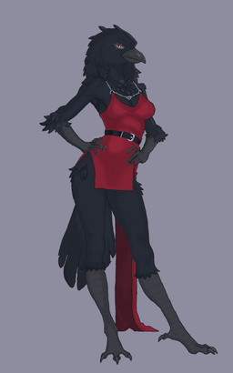 4_toes 5_fingers anisodactyl beak belt black_belt black_body black_feathers chest_tuft clothing dress feather_tuft feathered_tail feathers feet female fingers grey_background purple_background red_clothing red_dress scuted_arms scuted_legs scutes simple_background tail tail_feathers talons toes tuft wannabehobo crelly_(vtuber) avian bird corvid oscine passerine 5:8 hi_res