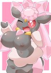 anthro big_breasts black_body black_nipples breasts diamond_(gem) female gem jewelry multicolored_body navel nipples one_eye_closed open_mouth pink_background pink_jewelry red_eyes red_sclera simple_background smile smiling_at_viewer solo wink siebol nintendo pokemon diancie generation_6_pokemon legendary_pokemon pokemon_(species)