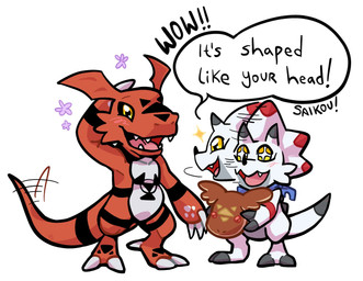anthro blush bread claws duo facial_horn food horn kerchief male nose_horn red_body simple_background text toe_claws white_background white_body yellow_eyes bopdraws bandai_namco digimon digimon_ghost_game ceratopsian digimon_(species) dinosaur gammamon guilmon ornithischian prehistoric_species reptile scalie english_text hi_res