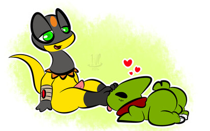 3_toes anthro balls blush butt claws clothing duo erection feet foot_fetish foot_lick foot_on_face foot_play genitals hindpaw licking male male/male paws penis simple_background smile toe_claws toes tongue tongue_out thefablednekos nintendo pokemon jay_(thefablednekos) rep_(iguanasarecool) generation_2_pokemon generation_6_pokemon heliolisk larvitar pokemon_(species) 2016 dated digital_media_(artwork) hi_res signature