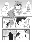 2013 3:4 anthro bear blush clothing comic dialogue english_text fur hi_res hiroyuki_(morenatsu) hug human juuichi_mikazuki male male/male mammal manya monochrome morenatsu muscular robe text