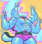 4_arms abs anthro belt blue_body clothing dot_eyes fusion gesture hand_gesture male multi_arm multi_limb muscular muscular_male open_mouth pecs pokemon_fusion purple_clothing purple_underwear solo tail thumbs_up underwear jasperthecrab nintendo pokemon generation_1_pokemon generation_2_pokemon machamp pokemon_(species) quagsire hi_res