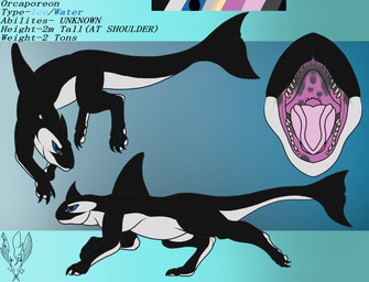 anatomically_correct_feral blue_sclera feral male mouth_shot open_mouth running solo swimming teeth text yellow_teeth lyrical_impressions_(artist) nintendo pokemon orcaporeon_(lyrical_impressions) aquatic cetacean dolphin eeveelution generation_1_pokemon hybrid hybrid_pokemon mammal oceanic_dolphin orca pokemon_(species) toothed_whale vaporeon english_text hi_res model_sheet