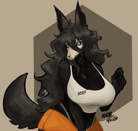 anthro big_breasts black_body black_hair bone bottomwear breasts cleavage clothed clothing female hair long_hair shorts skull skull_head solo topwear wide_hips akaribloomv scp_foundation scp-1471-a canid canine mammal