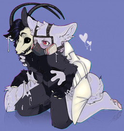 anthro black_body black_fur blue_background bone clothing coat doctor duo fur gas_mask grey_body grey_fur horn hug hugging_another hugging_from_behind kneeling male male/male mask one_eye_closed open_mouth red_eyes simple_background sitting skull skull_head topwear kisha_(artist) changed_(video_game) dr._k_(changed) canid canine goo_creature latex_creature living_latex mammal skulldog_(species) hi_res