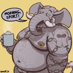 anthro arm_tattoo beard bearded beverage body_hair chest_hair coffee facial_hair hair male nipple_piercing nipples piercing pubes solo speech_bubble tattoo text nanoff horacio_(nanoff) elephant elephantid mammal proboscidean 1:1 2024 english_text hi_res