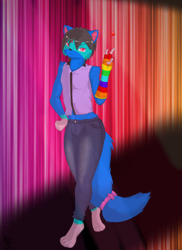 4_fingers 4_toes accessory anthro armwear biped blue_body blue_fur bottomwear bow_(feature) bow_accessory bow_ribbon brown_hair clothed clothing denim denim_bottomwear denim_clothing feet femboy fingerless_gloves fingers fluffy fluffy_tail fur furgonomics gesture gloves green_body green_fur hair hand_gesture hand_on_hip handwear jeans long_hair male multicolored_armwear multicolored_body multicolored_clothing multicolored_fur pants pattern_armwear pattern_clothing pink_eyes rainbow_armwear rainbow_clothing ribbons solo standing striped_armwear striped_clothing stripes tail tail_accessory tail_bow tail_ribbon toes topwear two_tone_body two_tone_fur v_sign vest ayko_eos july_miko domestic_cat felid feline felis mammal siberian_cat 2015