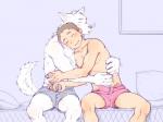 5_fingers anthro bed black_nose blue_clothing blue_underwear blush boxers_(clothing) brown_hair bulge claws clothed clothing crotch_grab duo erection erection_under_clothing eyes_closed fingers fur furniture genitals grope hair hug human_on_anthro inside interspecies light_body light_skin male male/male on_bed penis pillow red_clothing red_underwear sitting tenting topless underwear white_body white_fur torte canid canine canis domestic_dog human mammal 2017 4:3 absurd_res hi_res