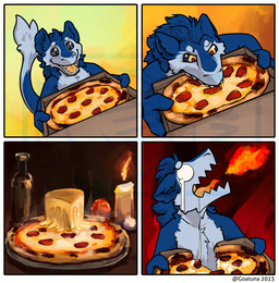 4_panel_comic alcohol anthro beverage black_sclera blue_body blue_fur bodily_fluids box breath_powers brown_background burnt_tongue candle candlelight candlestick cheese cheese_wedge comic_panel container crust dairy_products elemental_manipulation fire fire_breathing fire_manipulation food fruit fur garlic grey_eyes head_crest head_tuft heat_(temperature) humor light male melted_cheese orange_background orange_tongue painting_(object) pan pepperoni pepperoni_pizza pizza pizza_box plant pupils red_background red_pupils red_tongue sauce simple_background smile solo steam tail tail_tuft tears tears_of_pain teeth tomato tomato_sauce tongue tuft vegetable white_eyes wine wine_bottle yellow_background yellow_eyes yellow_tongue goatuna sergal comic digital_drawing_(artwork) digital_media_(artwork) digital_painting_(artwork) hi_res oil_painting_(artwork) painting_(artwork) traditional_media_(artwork) traditional_painting_(artwork)