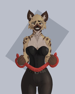 anthro belt breasts brown_eyes clothing cuff_(restraint) dominatrix fangs female handcuffs leather lingerie markings metal_cuffs muscular restraints solo spots spotted_body teeth radimcatt hyena mammal 4:5 absurd_res hi_res meme