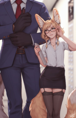 5_fingers accessory anthro belt bite biting_lip blonde_hair bottomwear braided_hair clock clothed clothing collared_shirt dress_shirt duo ear_piercing eyewear female female_humanoid fingers flat_chested fully_clothed garter_belt garter_straps glasses hair inner_ear_fluff jewelry larger_male legwear looking_up male male_anthro necklace necktie offscreen_character piercing shirt size_difference skirt smaller_female solo_focus standing tail teeth thigh_highs topwear tuft watch wristwatch yellow_eyes personalami einarr_(personalami) khiara_(personalami) animal_humanoid canid canid_humanoid canine canine_humanoid fennec_humanoid fox_humanoid humanoid mammal mammal_humanoid 2024 hi_res