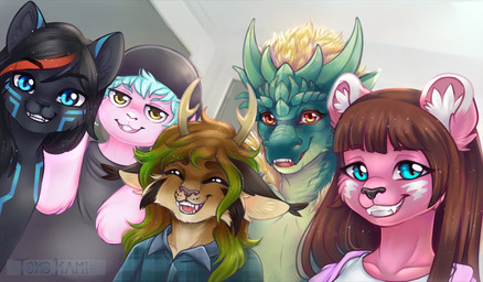 anthro antlers beanie black_body black_fur black_hair black_nose blue_body blue_eyes blue_fur blue_hair blue_markings brown_body brown_fur brown_hair clothing ear_tuft facial_markings female female/female fur glowing glowing_markings green_body green_hair green_scales grin grinning_at_viewer group group_photo hair hat head_markings headgear headwear horn inner_ear_fluff long_hair male male/female male/male markings neck_tuft photo photo_background pink_body pink_fur red_eyes scales shirt short_hair smile smiling_at_viewer t-shirt topwear tuft white_inner_ear_fluff white_markings yellow_body yellow_eyes yellow_fur tokokami mythology balzak_(skweakybun) gushi rimu skyteks domestic_cat dragon felid feline felis hybrid kobold lagomorph leporid lynx lynxdeer mammal mythological_creature mythological_scalie pantherine rabbit scalie digital_drawing_(artwork) digital_media_(artwork) digital_painting_(artwork) hi_res mixed_media painting_(artwork) photography_(artwork) nonbinary_(lore) trans_(lore) trans_man_(lore) trans_woman_(lore)