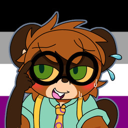 accessory anthro asexual_pride_colors blush bodily_fluids brown_body brown_fur brown_nose brown_tail buckteeth clothed clothing eyewear flying_sweatdrops fur glasses gloves_(marking) green_clothing green_eyes green_shirt green_topwear intersex_pride_colors lgbt_pride looking_aside male markings multicolored_necktie necktie nervous nervous_smile open_mouth open_smile pride_color_background pride_color_necktie pride_colors shirt simple_background smile solo sweat sweatdrop tail teeth toony topwear wearing_glasses yellow_necktie yellow_sclera coffeeco conditional_dnp ruy_sunflower canid canine mammal raccoon_dog tanuki 1:1 alpha_channel alternate_version_at_source digital_drawing_(artwork) digital_media_(artwork) icon low_res adult_(lore) intersex_(lore)