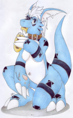 alternate_color bread breasts collar eating female food hair inverted_zero_unit looking_at_viewer markings navel navel_piercing non-mammal_breasts nude piercing solo symbol zero_unit caleb_magness bandai_namco digimon einstein_aaqila fan_character digimon_(species) guilmon scalie absurd_res hi_res