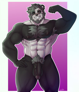 abs anthro balls barazoku beard biceps big_penis biped border chest_tuft facial_hair fingers flaccid flexing flexing_bicep front_view fur genitals glans grey_body grey_fur hand_on_hip humanoid_genitalia humanoid_hands humanoid_penis looking_at_viewer male muscular muscular_anthro muscular_arms muscular_male nude_anthro nude_male one_eye_closed penis pink_background pose pubes red_eyes scar seductive simple_background smile smirk solo standing teeth text tuft vein veiny_penis white_body white_border white_fur darolion bear giant_panda mammal 2023 artist_name hi_res pinup portrait three-quarter_portrait