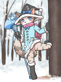5_fingers anthro blue_eyes blush bodily_fluids bottomless bottomless_female clothed clothing coat female female_peeing fingers fluffy fluffy_tail genital_fluids genitals grey_body hat headgear headwear hiked_leg magic_user no_underwear outside peeing perineum raised_leg solo tail topwear urine urine_on_ground urine_pool urine_stream vulva wizard_hat young young_anthro starman75042 cat_busters mafumofu_(cat_busters) domestic_cat felid feline felis mammal 3:4 digital_media_(artwork)