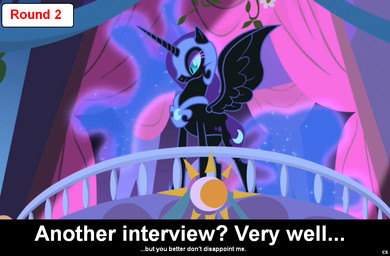armor balcony black_body black_feathers blue_eyes blue_hair crescent_moon curtains cutie_mark feathered_wings feathers female feral hair headgear helmet horn moon solo sun text wings celestias_servant_interview friendship_is_magic hasbro my_little_pony mythology nightmare_moon_(mlp) equid equine mammal mythological_creature mythological_equine winged_unicorn english_text