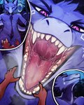 anthro anthro_pred anthro_prey blue_body blue_fur bodily_fluids cutaway duo fangs front_view fur imminent_oral_vore imminent_vore looking_at_viewer male male_pred male_prey mouth_shot narrowed_eyes nude open_mouth pink_eyes red_body red_fur red_tongue saliva saliva_on_tongue saliva_string teeth tongue acidic mythology canid dragon furred_dragon furred_scalie mammal mythological_creature mythological_scalie scalie 4:5 hi_res