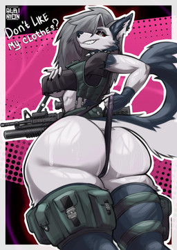 anthro anus anus_peek assault_rifle barely_visible_anus big_breasts bodily_fluids breasts butt clothed clothing female fur gun hair legwear looking_at_viewer m4a1 military_uniform open_mouth piercing ranged_weapon red_sclera rifle smile solo stockings tail text uniform weapon white_body white_fur albinion hellaverse helluva_boss mythology loona_(helluva_boss) canid canid_demon canine canis demon hellhound mammal mythological_canine mythological_creature wolf absurd_res digital_media_(artwork) hi_res