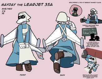 aircraft anthro apron beret black_body black_sclera clothed clothing face_shield female hat headgear headscarf headwear machine mask nurse_clothing nurse_uniform solo standing text uniform vehicle welding_mask welding_torch white_body bunchasticks bombardier learjet_35 su-47 sukhoi mayday_(bunchasticks) vlada_(bunchasticks) aeromorph living_aircraft living_machine living_vehicle english_text hi_res model_sheet