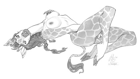 anthro braided_hair breast_grab breast_squish breasts cloven_hooves female grope hair hand_on_breast hooves horn long_neck looking_at_viewer lying markings masturbation naturally_censored on_back ossicone self_grope solo spots spotted_markings spotted_tail squish tail tail_markings tail_tuft tuft landysh gracey_halvenka giraffe giraffid mammal 2025 monochrome