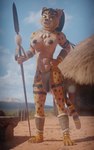 3d_(artwork) abs africa african anthro areola athletic athletic_anthro athletic_female big_breasts black_hair bottomwear breasts brown_nipples cheetah chenira_(johnwulffe) claws clothed clothing dark_nipples digital_media_(artwork) ear_piercing ear_ring facial_markings feathers felid feline felis female full-length_portrait fur gold_(metal) gold_jewelry hair head_markings hut jewelry johnwulffe knife loincloth long_hair looking_at_viewer mammal markings melee_weapon mountain muscular muscular_anthro muscular_female necklace nipples outside piercing polearm ponytail portrait ring_(jewelry) ring_piercing savanna solo spear spots spotted_body spotted_fur standing straps topless topless_anthro topless_female tribal tribal_clothing tribal_jewelry tribal_necklace tribal_outfit weapon whiskers yellow_body yellow_eyes yellow_fur