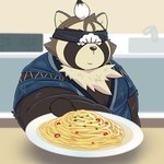 anthro asian_clothing belly clothing east_asian_clothing food japanese_clothing kimono male overweight overweight_anthro overweight_male pasta solo spaghetti k_gutless lifewonders live_a_hero shoen canid canine mammal raccoon_dog tanuki 1:1 hi_res