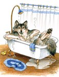 anthro bath_mat bathing bathtub black_nose black_pawpads claw_foot_bathtub digitigrade fur grey_body grey_fur hindpaw looking_at_viewer male nude pawpads paws puddle relaxing rubber_duck shower_curtain showerhead snout solo tail washcloth water megan_giles canid canine canis mammal wolf 2002 colored_pencil_(artwork) shaded signature traditional_media_(artwork)