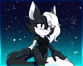 bandage big_breasts bigtail black_eyes bodysuit breasts chest_fur clothing female hair multicolored_body simple_background skinsuit solo squish star thick_thighs thigh_squish tight_clothing white_hair xxkenthewolfxx sega sonic_the_hedgehog_(series) fan_character canid canine canis jackal mammal absurd_res hi_res